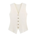 Chaleco de punto blanco para mujer con cuello en V, botones metálicos y un dobladillo asimétrico - S / Blanco lechoso