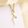 Chunky gold chain necklace with white horn pendant and blue evil eye charm detail - White