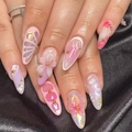 Pink 3D floral press-on nails with butterfly art and shimmering aurora finish - Pink 3D Floral Gradient Style (JP3854)