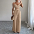 Elegant khaki two-piece set featuring a V-neck camisole top and high-waist wide-leg pants - S / Light Camel