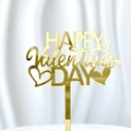 Close-up of gold acrylic Happy Valentine's Day cake topper with glossy heart details - Valentine's Day Gold 4 (approx. 10.5cm Wide)