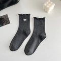 Dark gray crew socks with vertical knit ribbing, ruffle trim and sweet bow details - Dark Gray