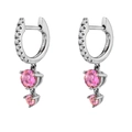 14K gold hoop earrings featuring two round pink gemstones and white pave diamonds - Silver with Pink Gemstone Huggie