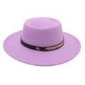 Detailed view of purple felt flat top hat featuring decorative black and woven bands - Light Purple