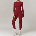 Ensemble de yoga brossé rouge foncé avec haut à manches longues et fentes pour pouces et legging - S / Haut Et Bas / Manches longues + Pantalon Rouge Cerise