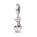 S925 sterling silver puppy in a pink heart teacup charm for DIY bracelets - Pink Cute Teacup Chihuahua Pendant 0166