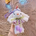 Weißer Plüschhase Schlüsselanhänger mit lila Schleife und Tulpenanhänger - Hasen Prinzessin Kleid - Lila Tulpe