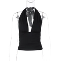 Detail of black halter neck top featuring deep V-neckline and elegant pleated texture - S / Black