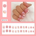 Short matte pink French press-on nails with white flower patterns and gold foil flakes - W1214 Sweet Flower