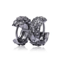 Macro detail of gunmetal hoop earrings with zircon stones and feather texture design - 20-Gunmetal Black 3D Leaf Huggie / Gunmetal