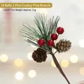 Artificial Christmas pine branch with red berries and pinecones for festive decor - (4 Berries 2 Pinecones) Pine Branch
