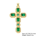Gold-tone cross pendant with green gemstone and clear zircon accents on white background - Style 57/Gold Green Baguette Stone/45.7*26.2*4.1mm