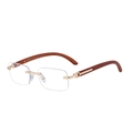 Rimless rectangular sunglasses with gold metal bridge and dark brown wood grain temples - C8 Clear (ZZC)