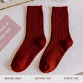 Thick wine red knit socks with diamond pattern on white plush background - Chunky Cable Knit / Burgundy