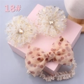 Detailed set of pink lace baby headband with love charm and gold star mesh flower clips - Style 18 (White Flower Clip/Beige Polka Dot Bow)