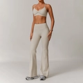 Women's two-piece yoga set with strappy sports bra and high waisted flared leggings in oatmeal - S / Bra + Flare Pants / Grey Apricot