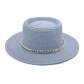Detail of light purple woven boater hat featuring a stylish silver metal chain band - M(56-58cm) / Sky Blue
