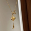 Golden necklace with heart and crescent moon pendants featuring sparkling zircon stone inlay - Heart Moon Ball Style (5#)