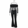 Schwarzer schulterfreier langarm Jumpsuit mit Mesh-Einsatz und ausgestelltem Bein - XS / Schwarz