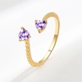 Elegant gold open ring featuring a beaded band and two purple heart-shaped zircons - June (Light Purple)