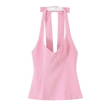 Haut licou à carreaux roses et blancs avec décolleté en V profond et nœud au dos - XS / Grille rose