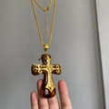 Gothic large brown resin cross pendant with gold relief on a golden chain necklace - Ebony Wood Cross Gold Long Chain / Gold & Coffee