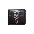 Slim black leather bi-fold wallet featuring gothic skull and vintage graphic prints - Dual Guns Skull