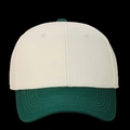 Detail of the stitching and fabric texture on a beige and dark green baseball cap - Beige + Green