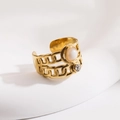 Golden double-row Cuban chain open ring with white stone and small zircon stone inlay - R01018-White Opal Double Chain