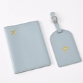 Light blue PU leather passport holder and luggage tag set with golden airplane design - Azure Airplane