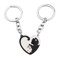 Yin Yang cat heart puzzle stainless steel couple keychains in black and white finish - Black Keychain Set (Black & Silver Cat)