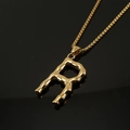 Gold-plated letter R pendant necklace with liquid metal texture and box chain - Gold Letter R Pendant