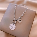 Silver titanium necklace with smiley face and engraved pendant on OT toggle clasp - Smiley Face Round Tag