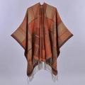 Ethnic style thickened knit poncho with orange plaid pattern and tassel fringe detailing - Dark Orange Coffee Twill Plaid