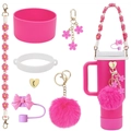 Detailed pink accessory set for Stanley tumblers including straw cover and floral charms - 7-Piece Set 15-Pink Bow Tumbler Kit