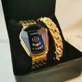 Luxury men's gold polygonal watch with black dial and iced-out Cuban link bracelet set - Style 5-Polygonal Black Dial Gold Watch Set (Black Box)