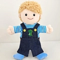 Plush boy hand puppet with blonde hair wearing dinosaur embroidery blue denim overalls - Full Body Son