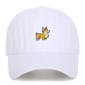 White cotton baseball cap featuring a cute cartoon corgi embroidery on the front panel - Adjustable / White