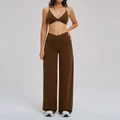 Deep brown yoga set featuring a cross waist flared pants and thin strap sports bra - S / Caramel Brown