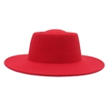 Detailed view of wide brim wool felt jazz hat with a flat top design in vibrant red - Adult (57-60cm) / Red