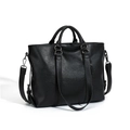 Large black soft leather tote bag with silver hardware and adjustable shoulder strap - Black
