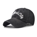 Detailed view of white New York City embroidery on washed black denim baseball cap - Adjustable / Black Denim
