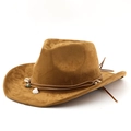 Brown faux suede cowboy hat with shell and turquoise bead trim shown at 45 degrees - M (56-58cm) / Khaki