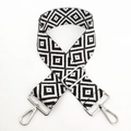 Detail of adjustable black and white geometric woven bag strap with silver metal swivel hooks - Style 2 Silver Buckle