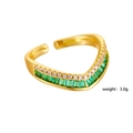 Adjustable gold plated ring with wave design featuring green stones and white cubic zirconia - Style 265 (V-Shape Green)
