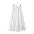 White tiered bohemian cotton maxi skirt featuring a smocked waist and drawstring detail - XS / White