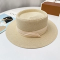 Flat top straw sun hat with decorative ribbon and wide brim for summer beach protection - Beige Beige Edge Indented Top Hat (D-358)
