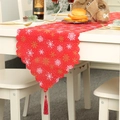 Red Christmas table runner with white gold snowflakes and red tassels on dining table - Red Snowflake