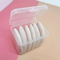 Set of 6 white triangle makeup puffs in a clear plastic storage case on a pink background - 6-Piece Boxed / Nude