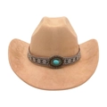 Camel suede western cowboy hat featuring a turquoise ethnic pattern band on white background - One Size / Oval Blue Stone Decoration / Camel